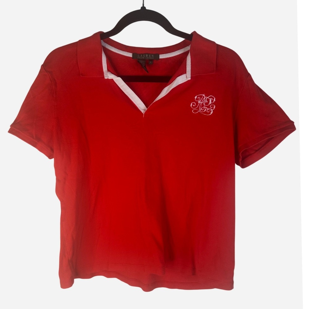 Lauren Ralph Lauren Women's Red Monogram V-Neck Short Sleeve Polo Shirt Large